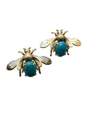 Bumble Bee Earrings Pierced Turquoise Blue Glass Gold Tone
